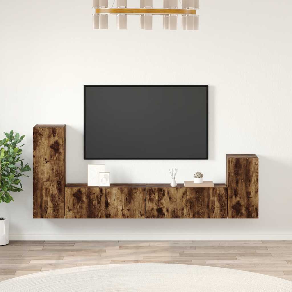 4-delige Tv-meubelset bewerkt hout gerookt eikenkleurig – afbeelding 1