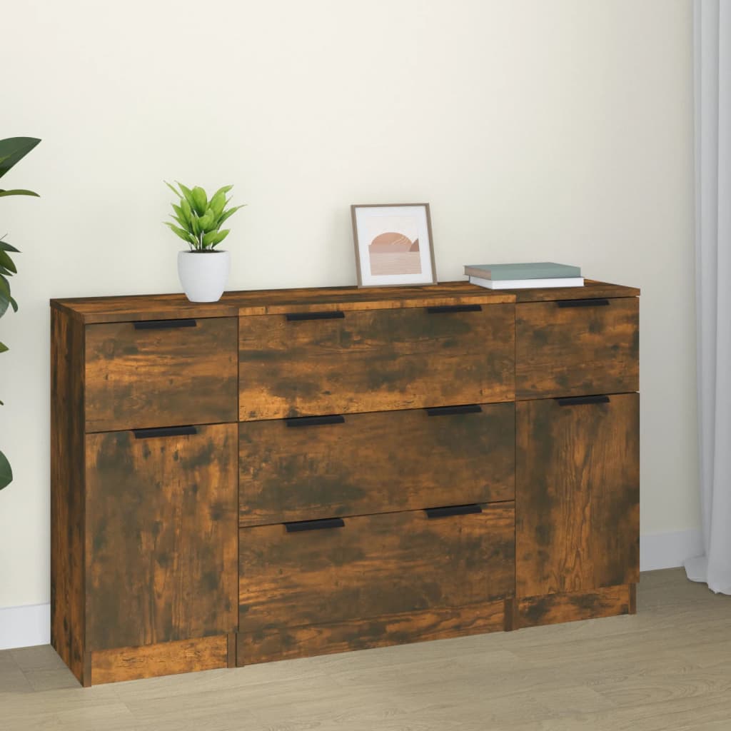 3-delige Dressoirset bewerkt hout gerookt eiken – afbeelding 1