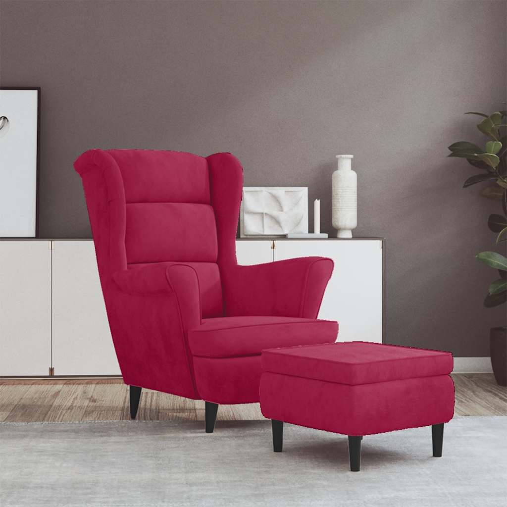 Fauteuil met voetenbank fluweel wijnrood
