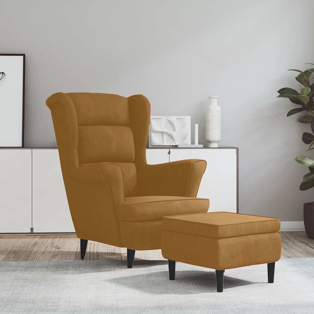 Fauteuil met voetenbank fluweel bruin