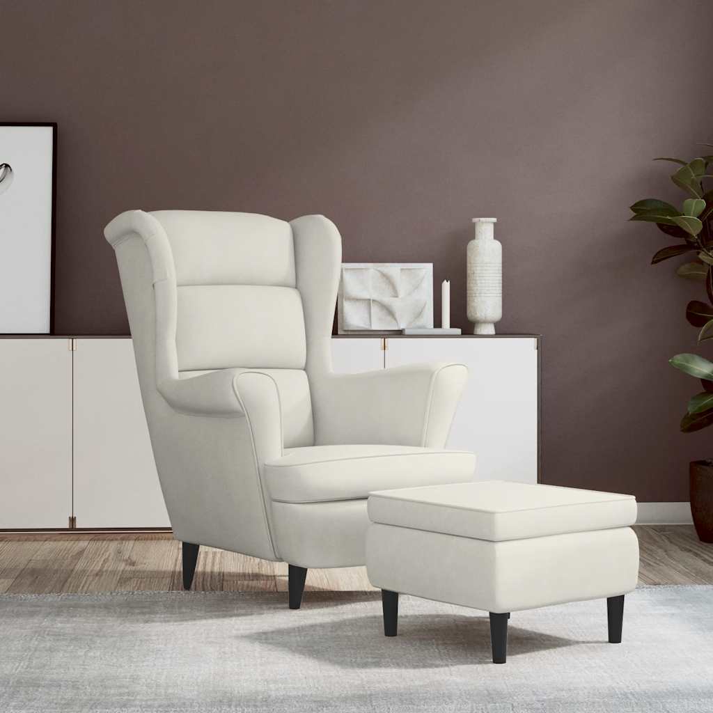 Fauteuil met voetenbank fluweel crèmekleurig