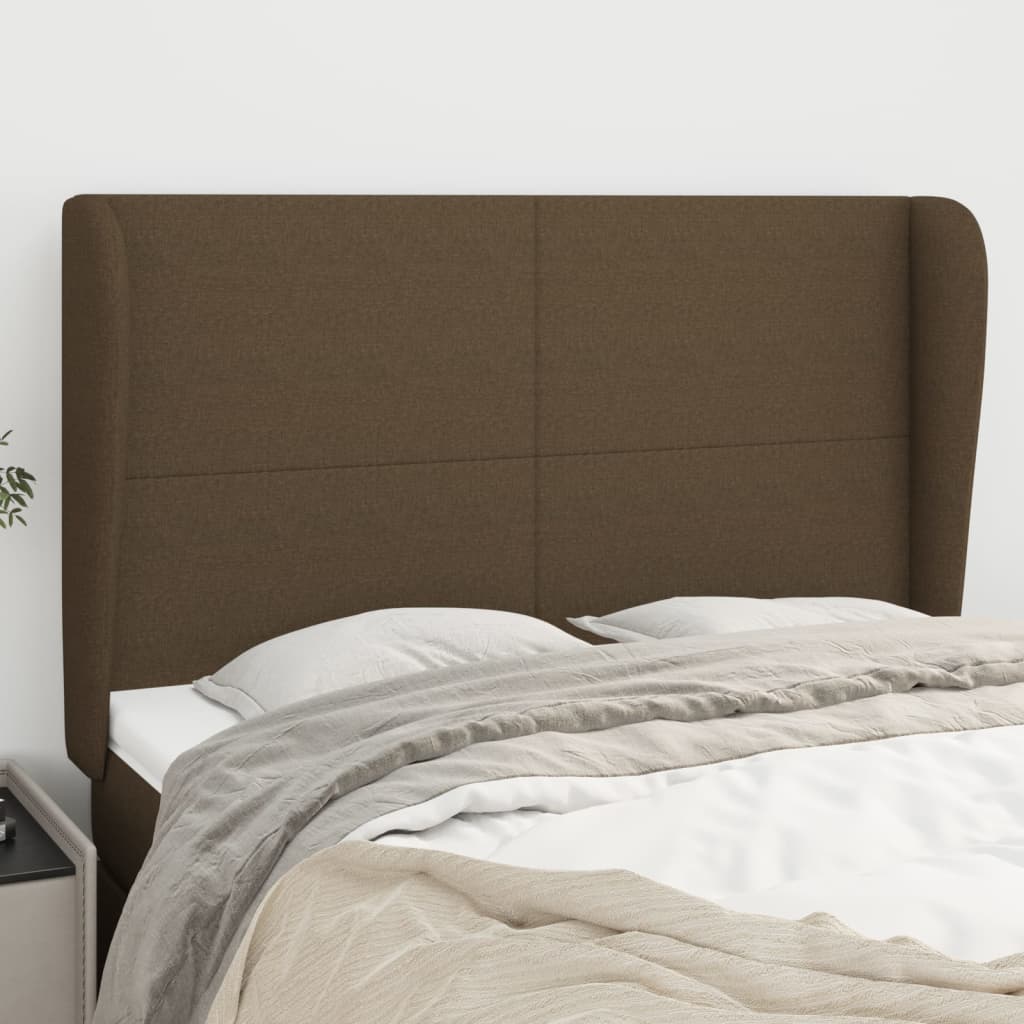 Hoofdbord met randen 147x23x118/128 cm stof donkerbruin
