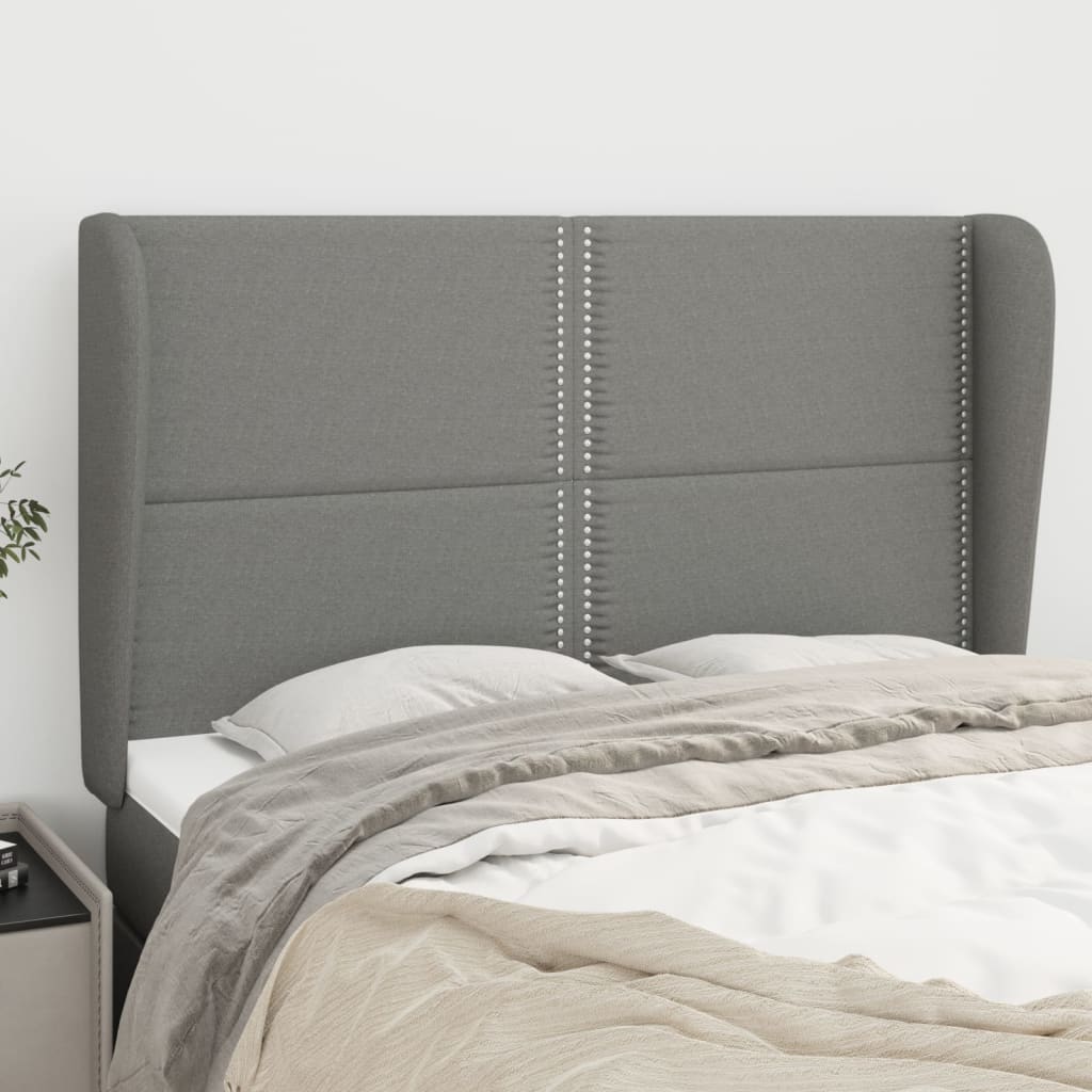 Hoofdbord met randen 147x23x118/128 cm stof donkergrijs – afbeelding 1