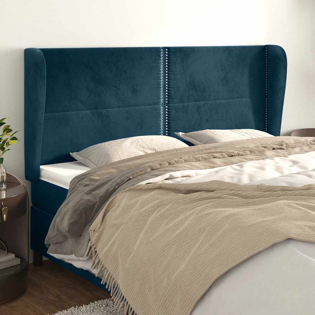 Hoofdbord met randen 203x23x118/128 cm fluweel donkerblauw