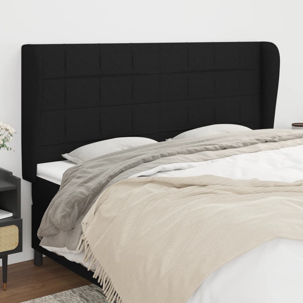 Hoofdbord met randen 203x23x118/128 cm stof zwart – afbeelding 1