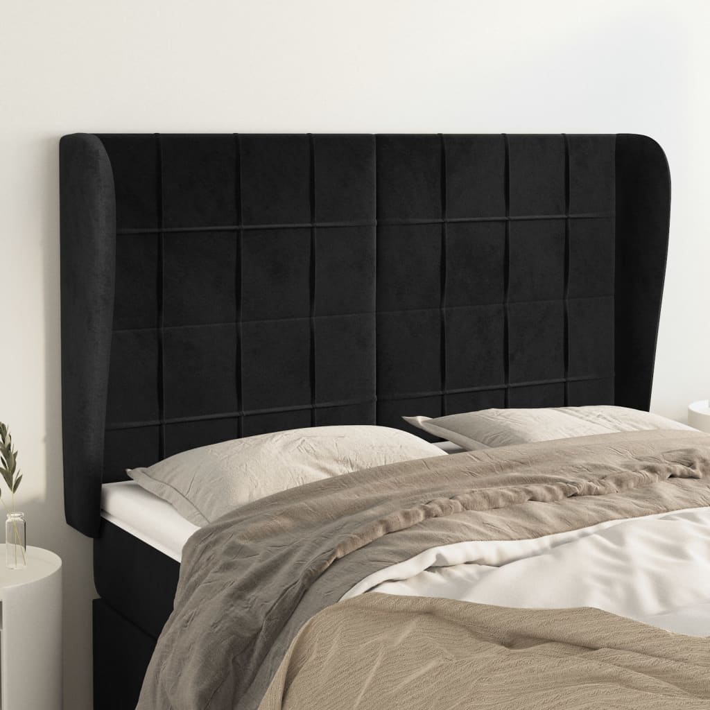 Hoofdbord met randen 147x23x118/128 cm fluweel zwart