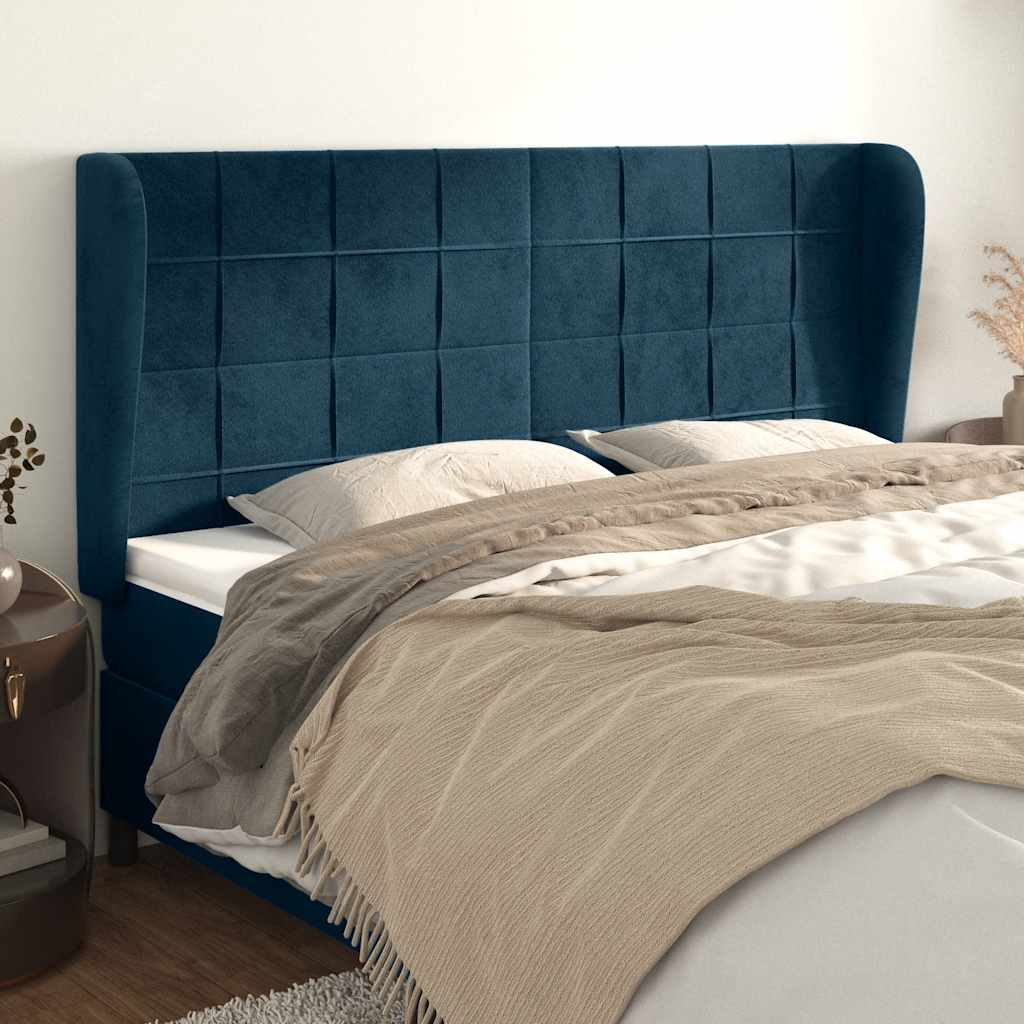 Hoofdbord met randen 183x23x118/128 cm fluweel donkerblauw
