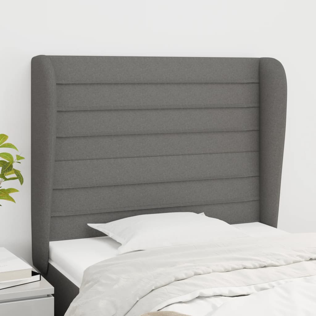Hoofdbord met randen 83x23x118/128 cm stof donkergrijs – afbeelding 1