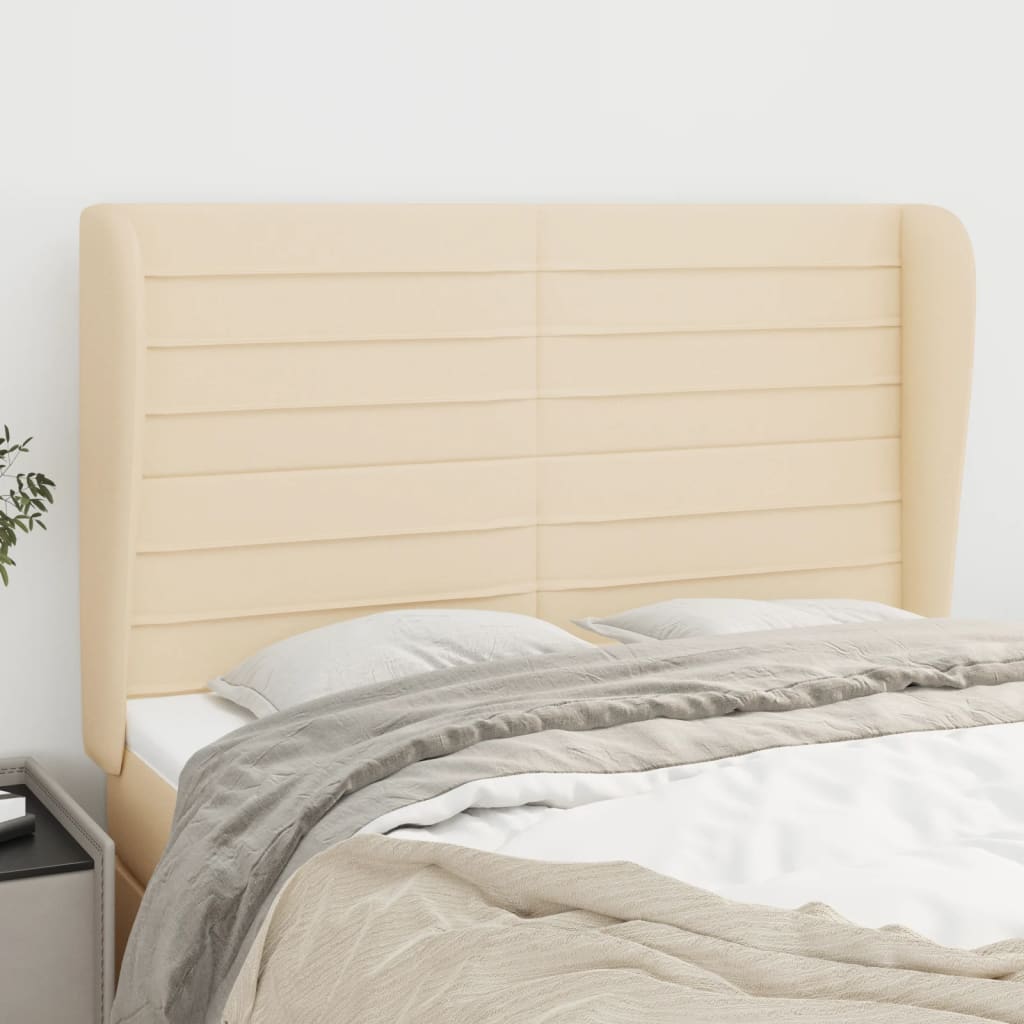 Hoofdbord met randen 147x23x118/128 cm stof crèmekleurig