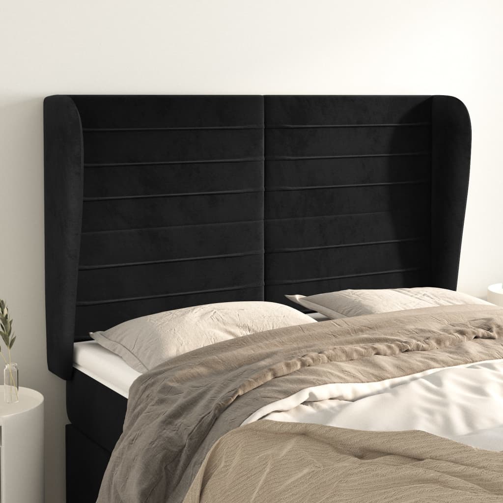Hoofdbord met randen 147x23x118/128 cm fluweel zwart