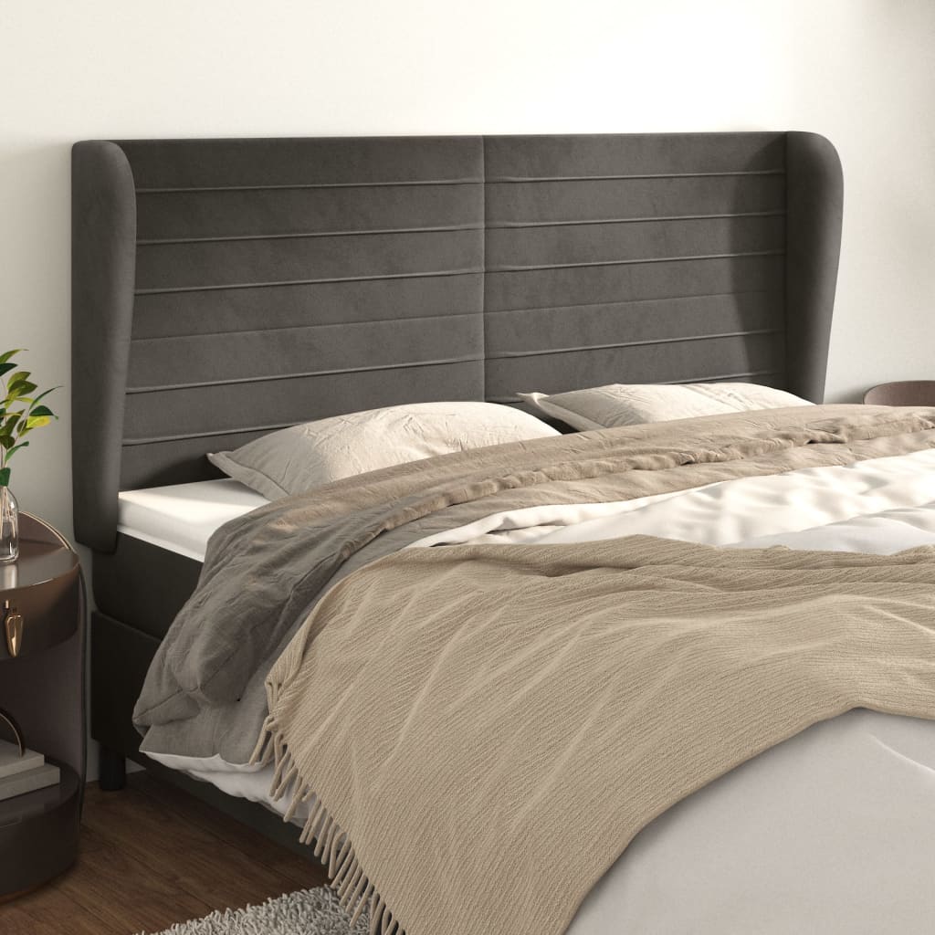 Hoofdbord met randen 163x23x118/128 cm fluweel donkergrijs – afbeelding 1