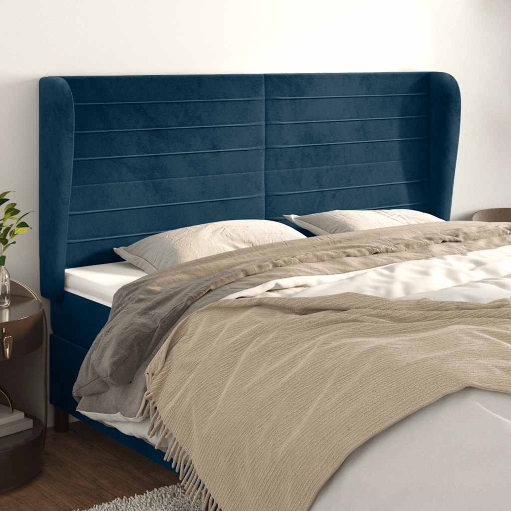 Hoofdbord met randen 203x23x118/128 cm fluweel donkerblauw