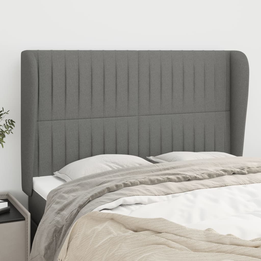 Hoofdbord met randen 147x23x118/128 cm stof donkergrijs – afbeelding 1