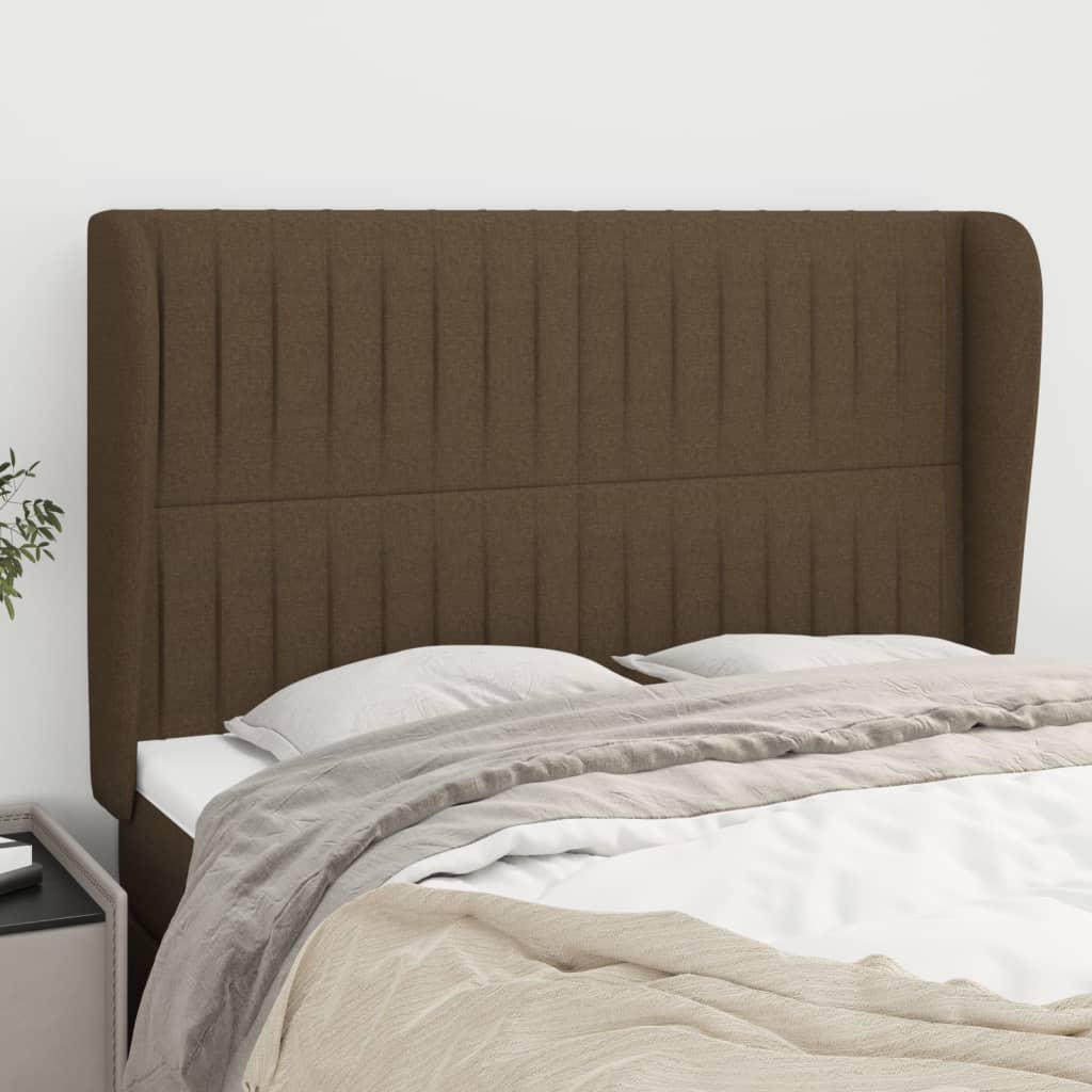 Hoofdbord met randen 147x23x118/128 cm stof donkerbruin