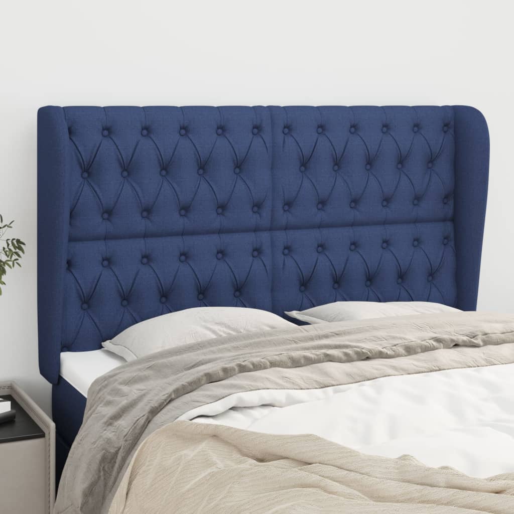 Hoofdbord met randen 147x23x118/128 cm stof blauw – afbeelding 1