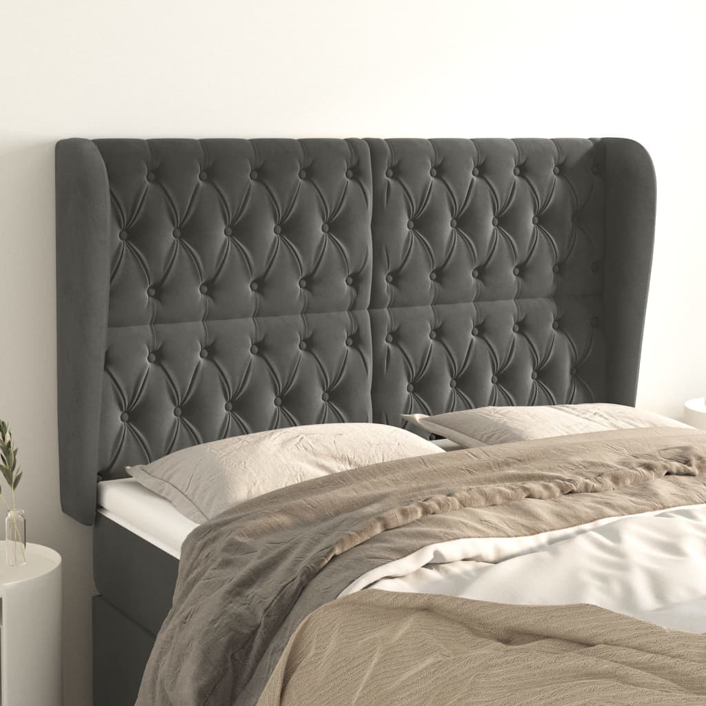 Hoofdbord met randen 163x23x118/128 cm fluweel donkergrijs – afbeelding 1