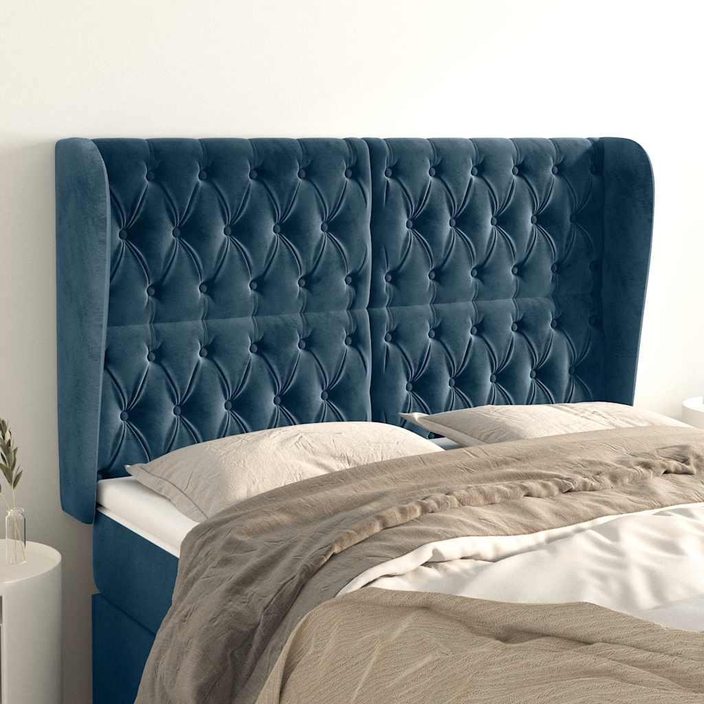 Hoofdbord met randen 163x23x118/128 cm fluweel donkerblauw – afbeelding 1