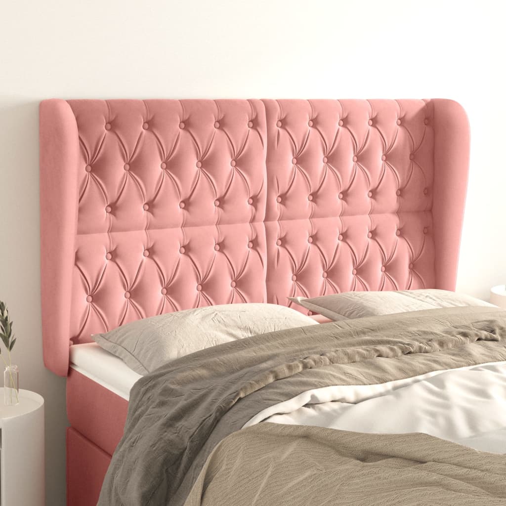 Hoofdbord met randen 163x23x118/128 cm fluweel roze – afbeelding 1