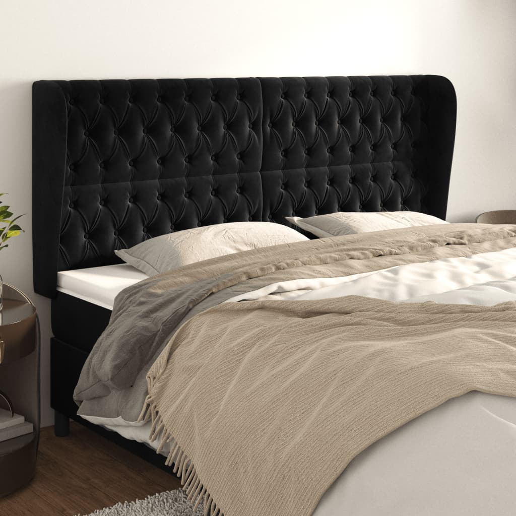 Hoofdbord met randen 203x23x118/128 cm fluweel zwart – afbeelding 1
