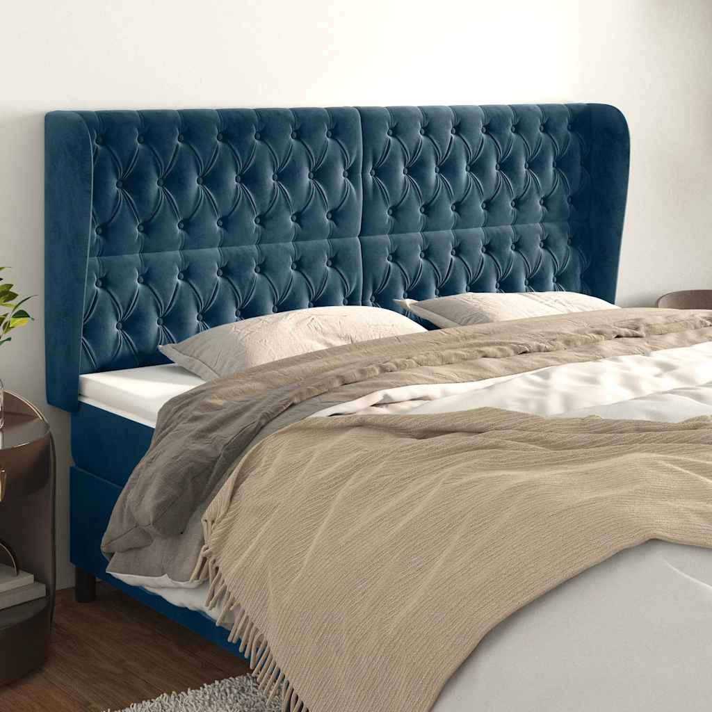 Hoofdbord met randen 203x23x118/128 cm fluweel donkerblauw – afbeelding 1