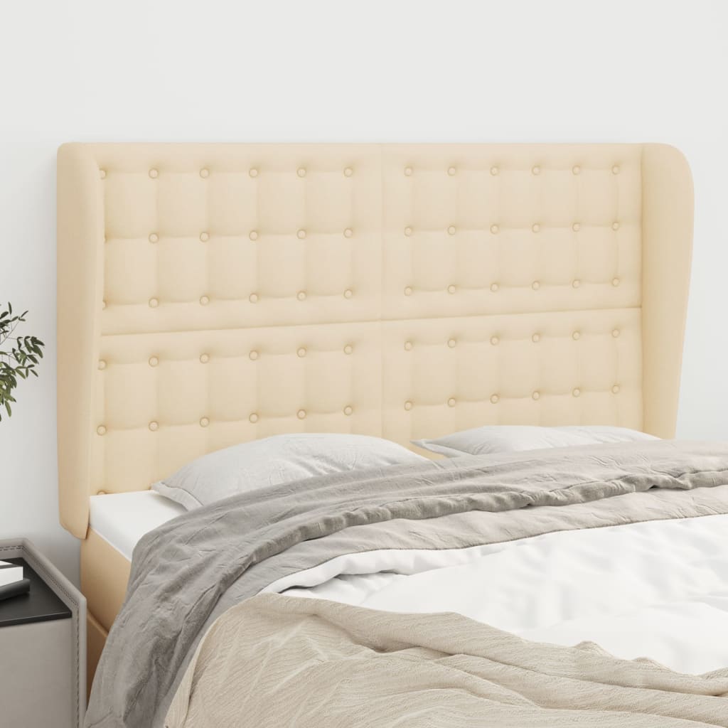 Hoofdbord met randen 147x23x118/128 cm stof crèmekleurig