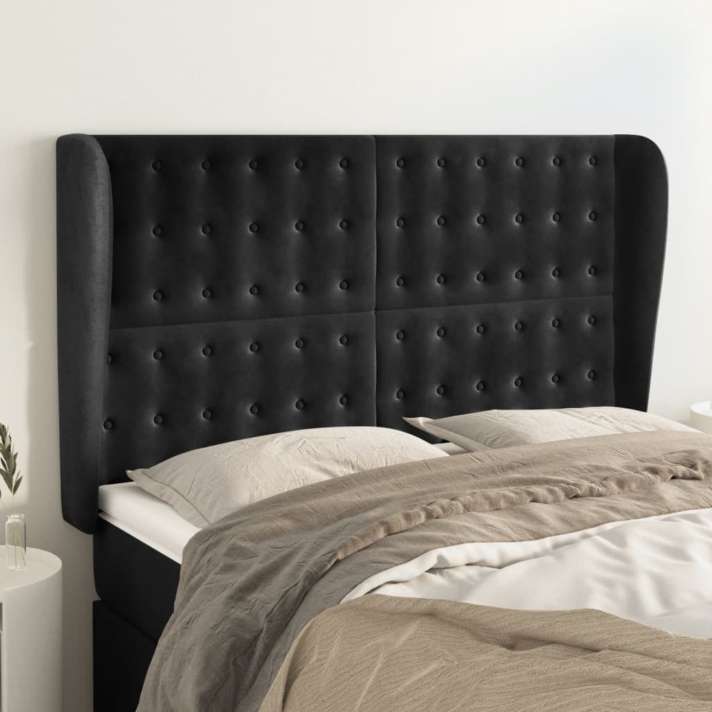 Hoofdbord met randen 147x23x118/128 cm fluweel zwart – afbeelding 1