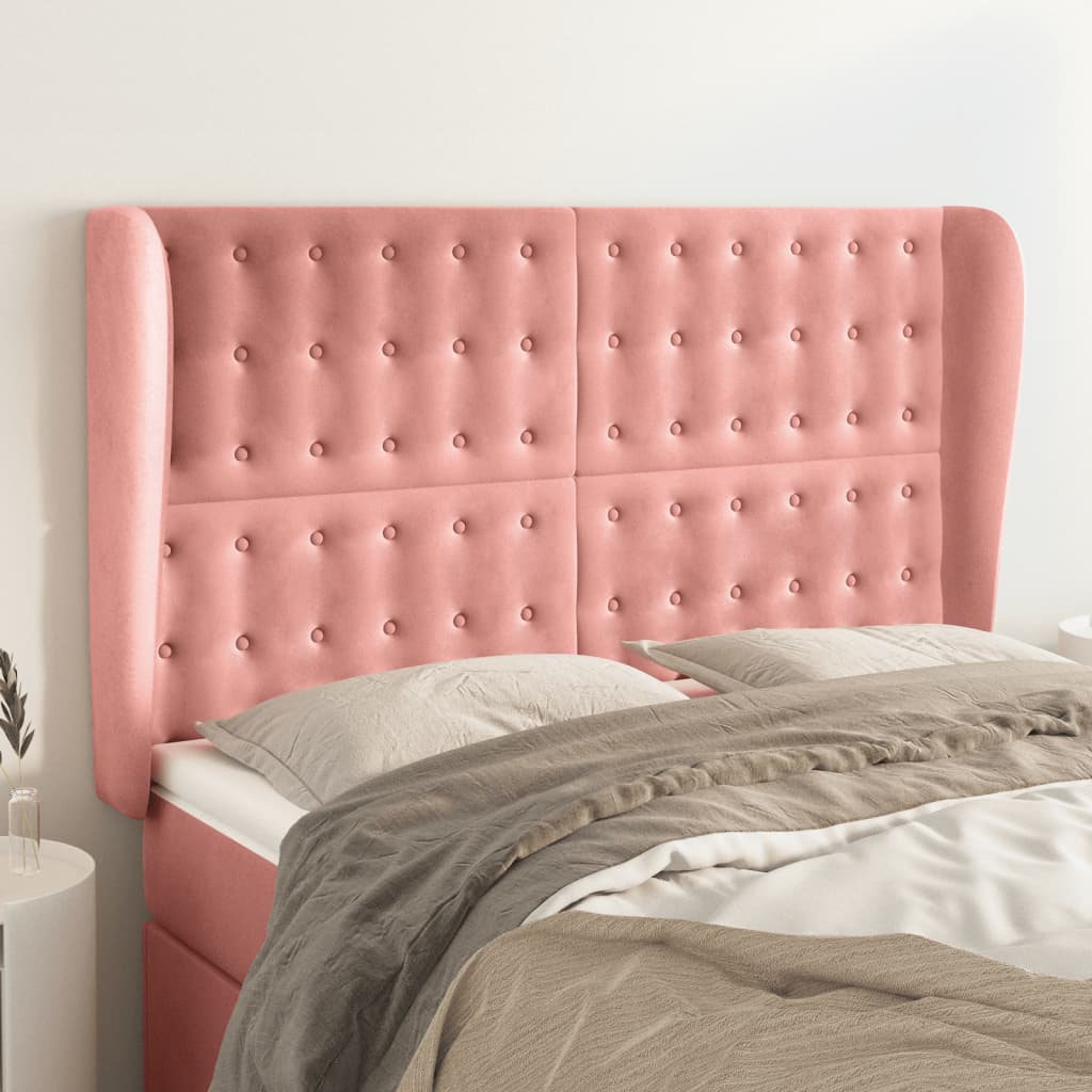 Hoofdbord met randen 147x23x118/128 cm fluweel roze – afbeelding 1