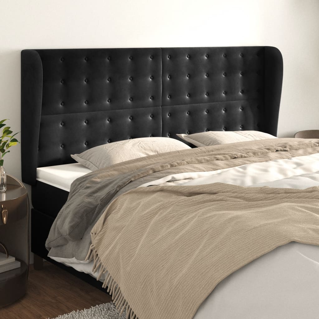 Hoofdbord met randen 163x23x118/128 cm fluweel zwart – afbeelding 1