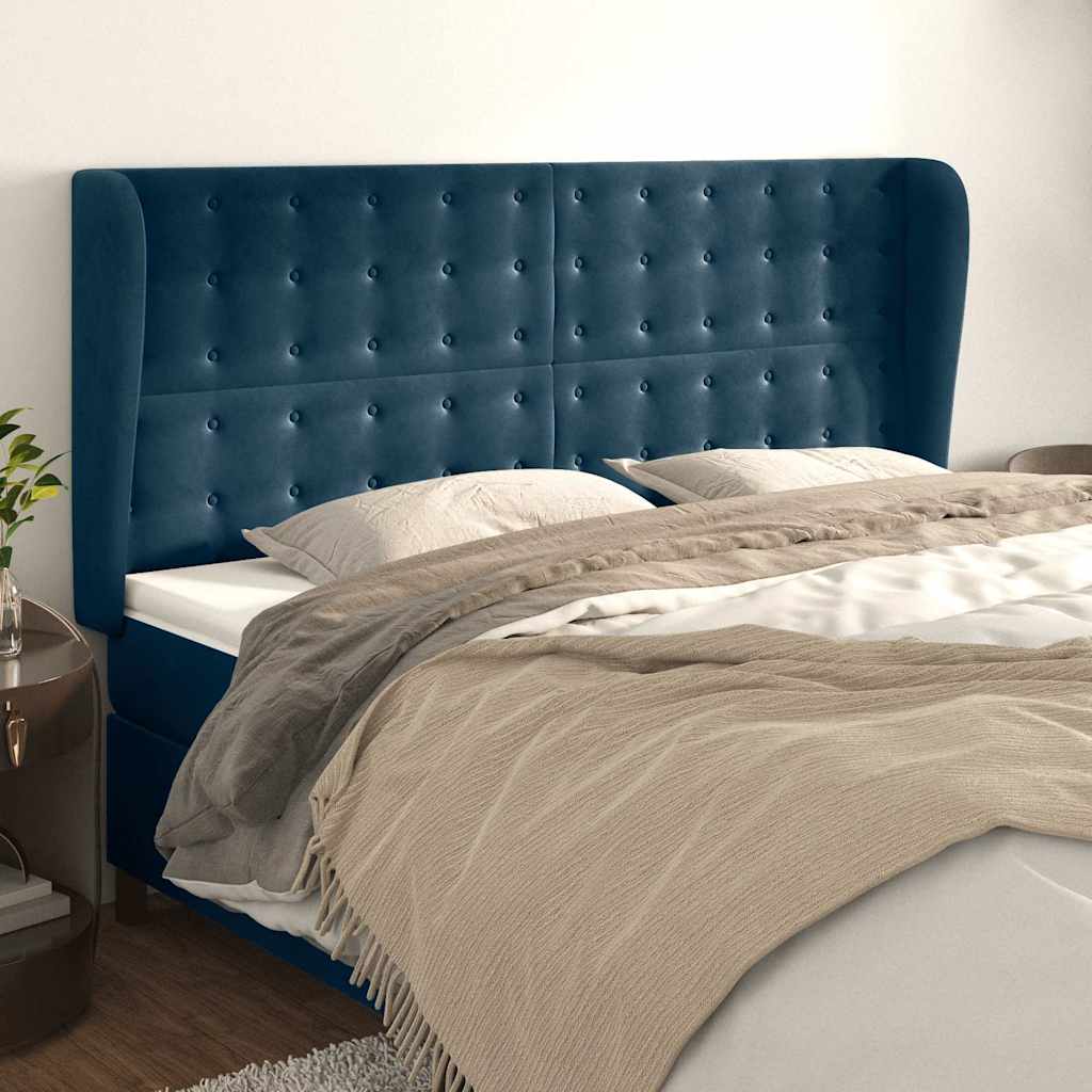 Hoofdbord met randen 203x23x118/128 cm fluweel donkerblauw