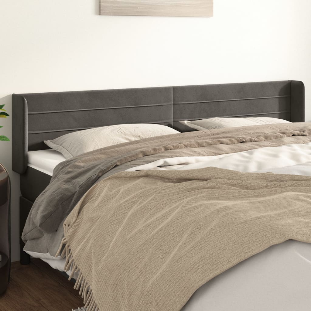 Hoofdbord met randen 163x16x78/88 cm fluweel donkergrijs – afbeelding 1