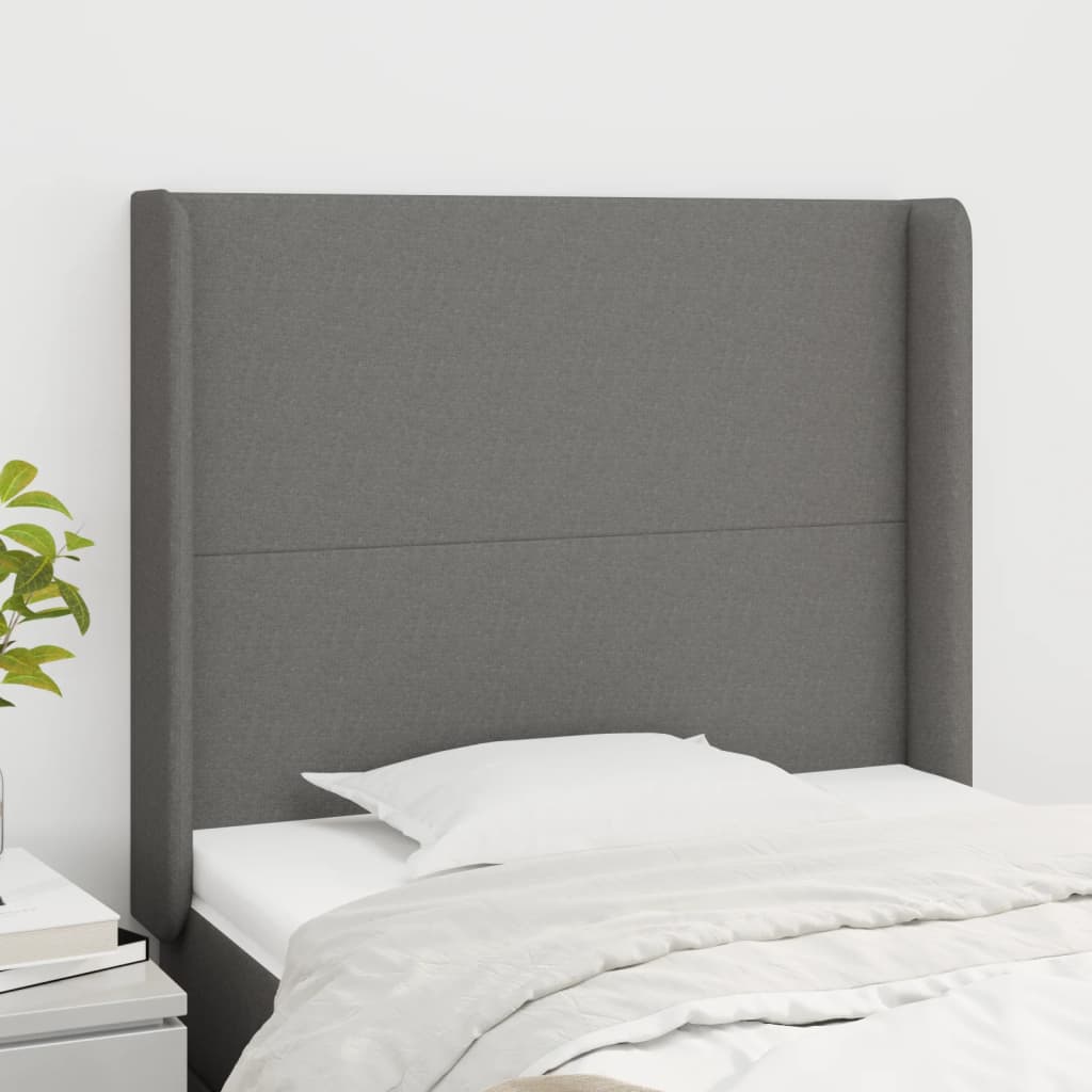 Hoofdbord met randen 93x16x118/128 cm stof donkergrijs – afbeelding 1