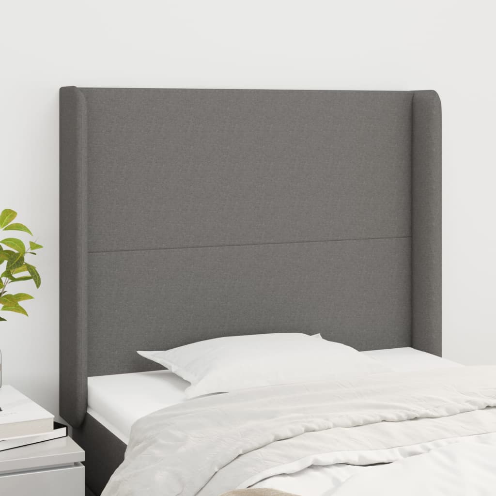 Hoofdbord met randen 103x16x118/128 cm stof donkergrijs – afbeelding 1