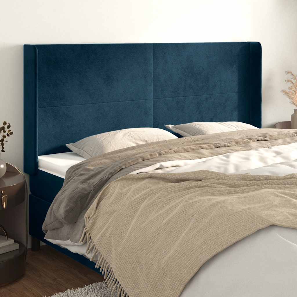 Hoofdbord met randen 203x16x118/128 cm fluweel donkerblauw – afbeelding 1