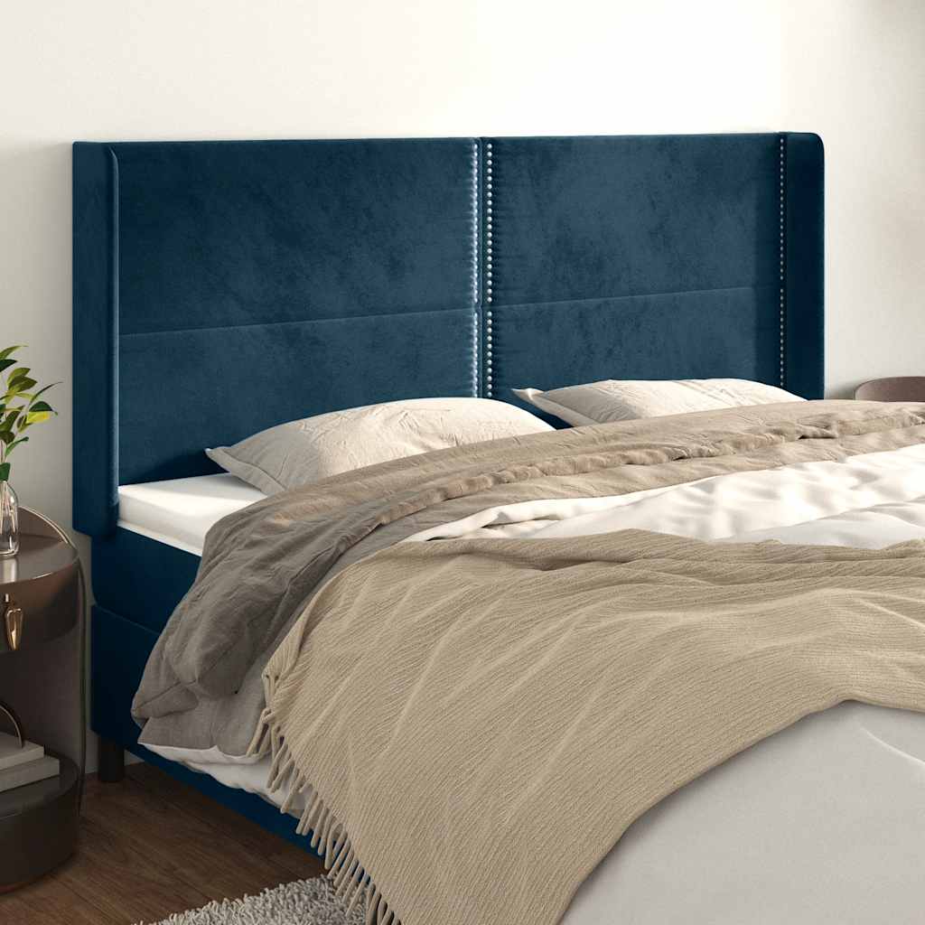 Hoofdbord met randen 163x16x118/128 cm fluweel donkerblauw – afbeelding 1