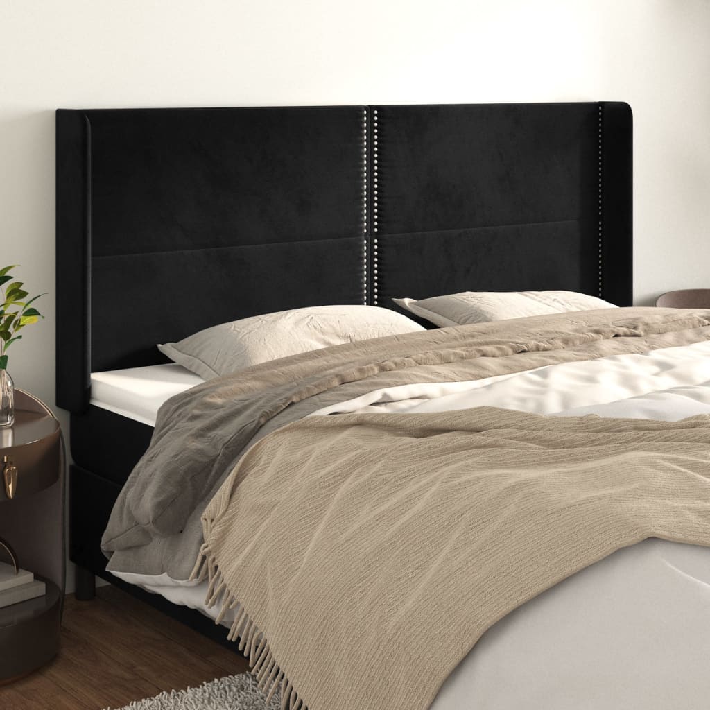 Hoofdbord met randen 203x16x118/128 cm fluweel zwart – afbeelding 1