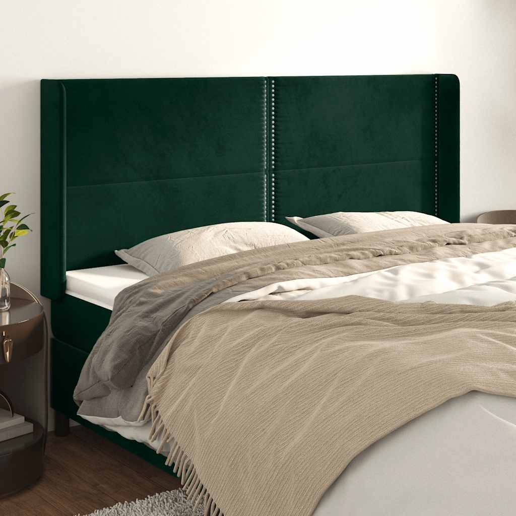 Hoofdbord met randen 203x16x118/128 cm fluweel donkergroen – afbeelding 1