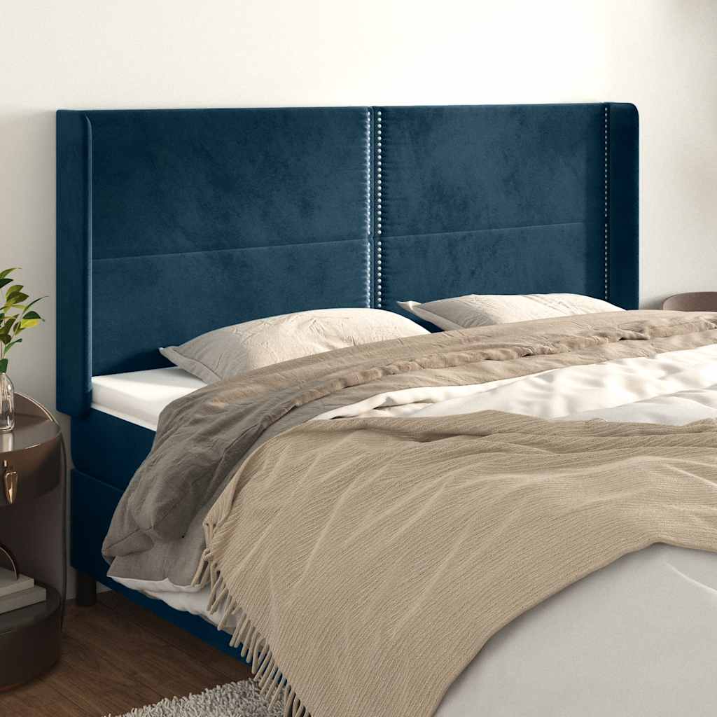 Hoofdbord met randen 203x16x118/128 cm fluweel donkerblauw