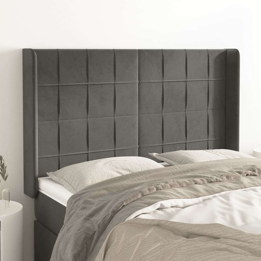Hoofdbord met randen 147x16x118/128 cm fluweel donkergrijs – afbeelding 1