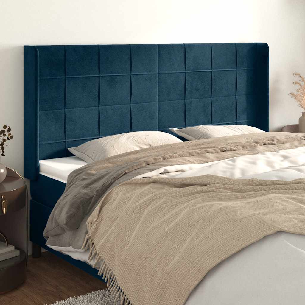 Hoofdbord met randen 203x16x118/128 cm fluweel donkerblauw – afbeelding 1