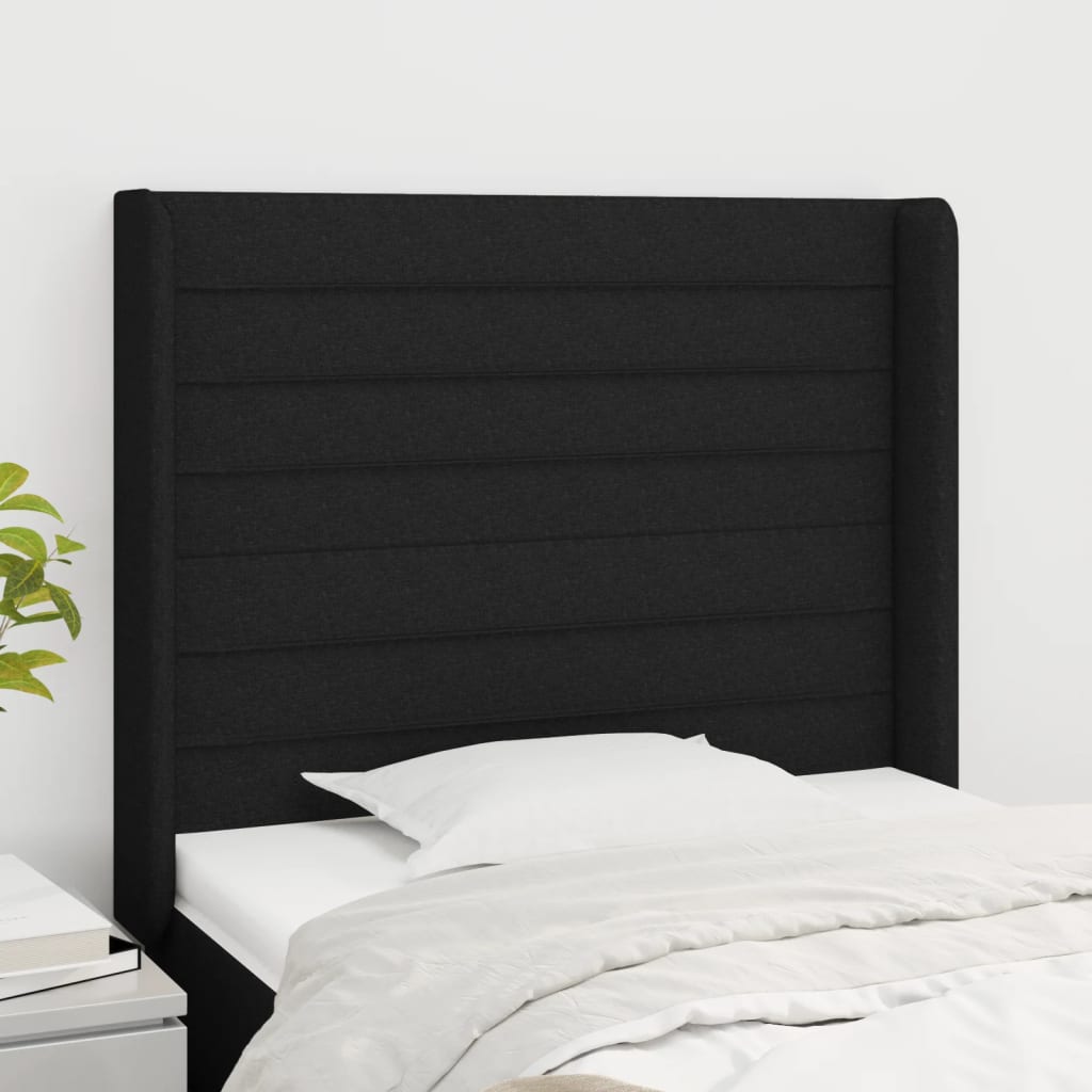 Hoofdbord met randen 83x16x118/128 cm stof zwart – afbeelding 1
