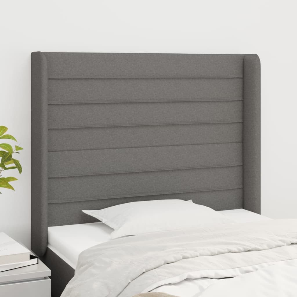 Hoofdbord met randen 103x16x118/128 cm stof donkergrijs – afbeelding 1