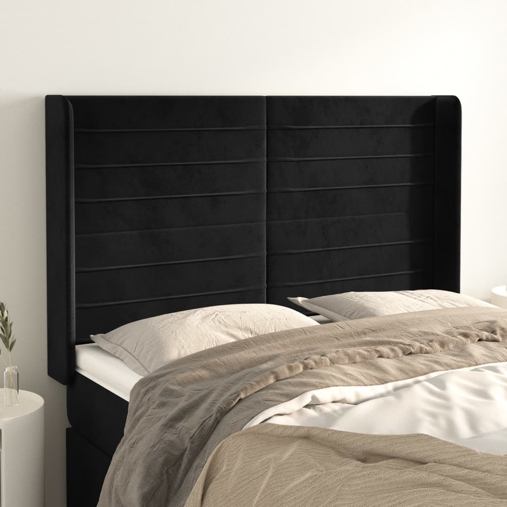 Hoofdbord met randen 147x16x118/128 cm fluweel zwart – afbeelding 1