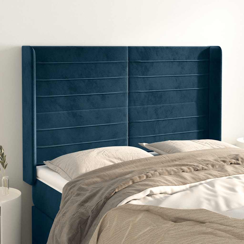 Hoofdbord met randen 147x16x118/128 cm fluweel donkerblauw – afbeelding 1