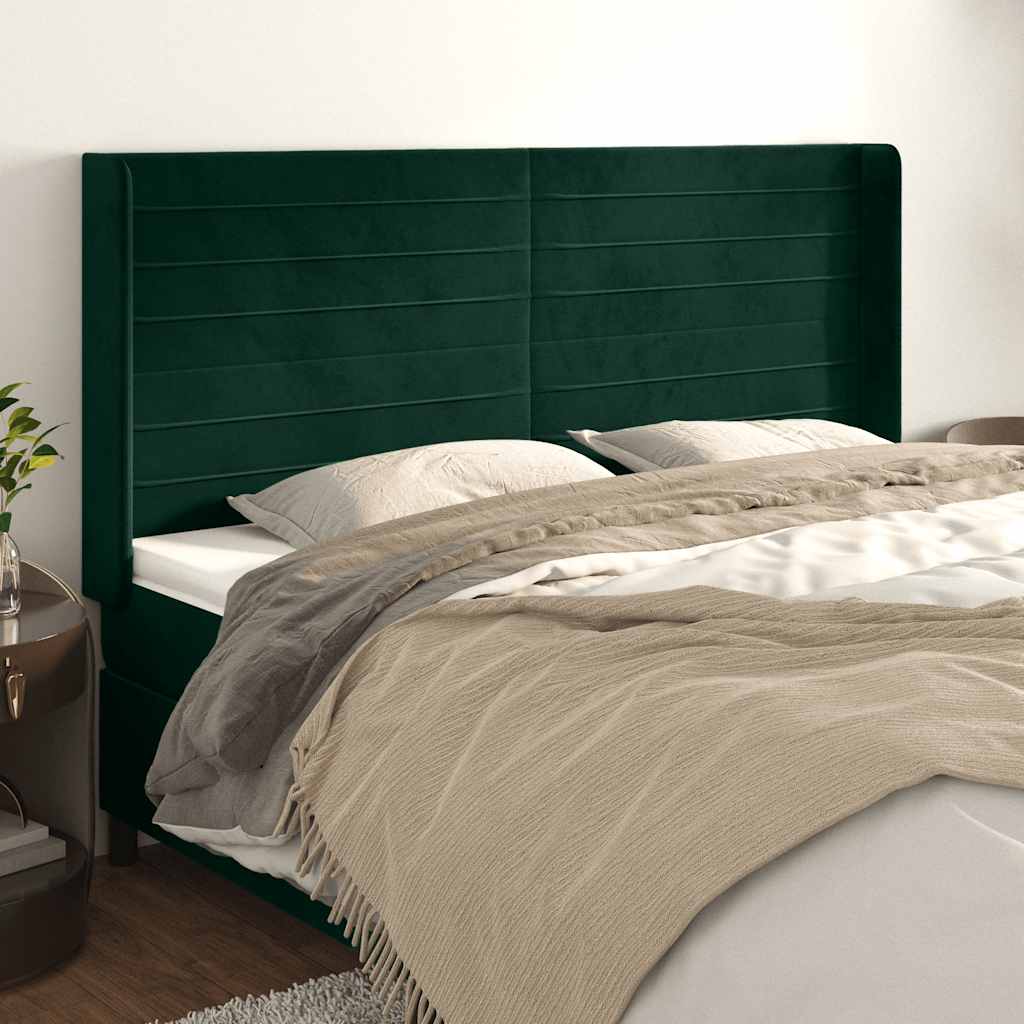 Hoofdbord met randen 183x16x118/128 cm fluweel donkergroen – afbeelding 1