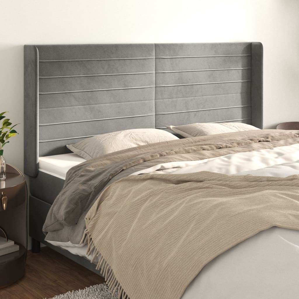 Hoofdbord met randen 203x16x118/128 cm fluweel lichtgrijs – afbeelding 1