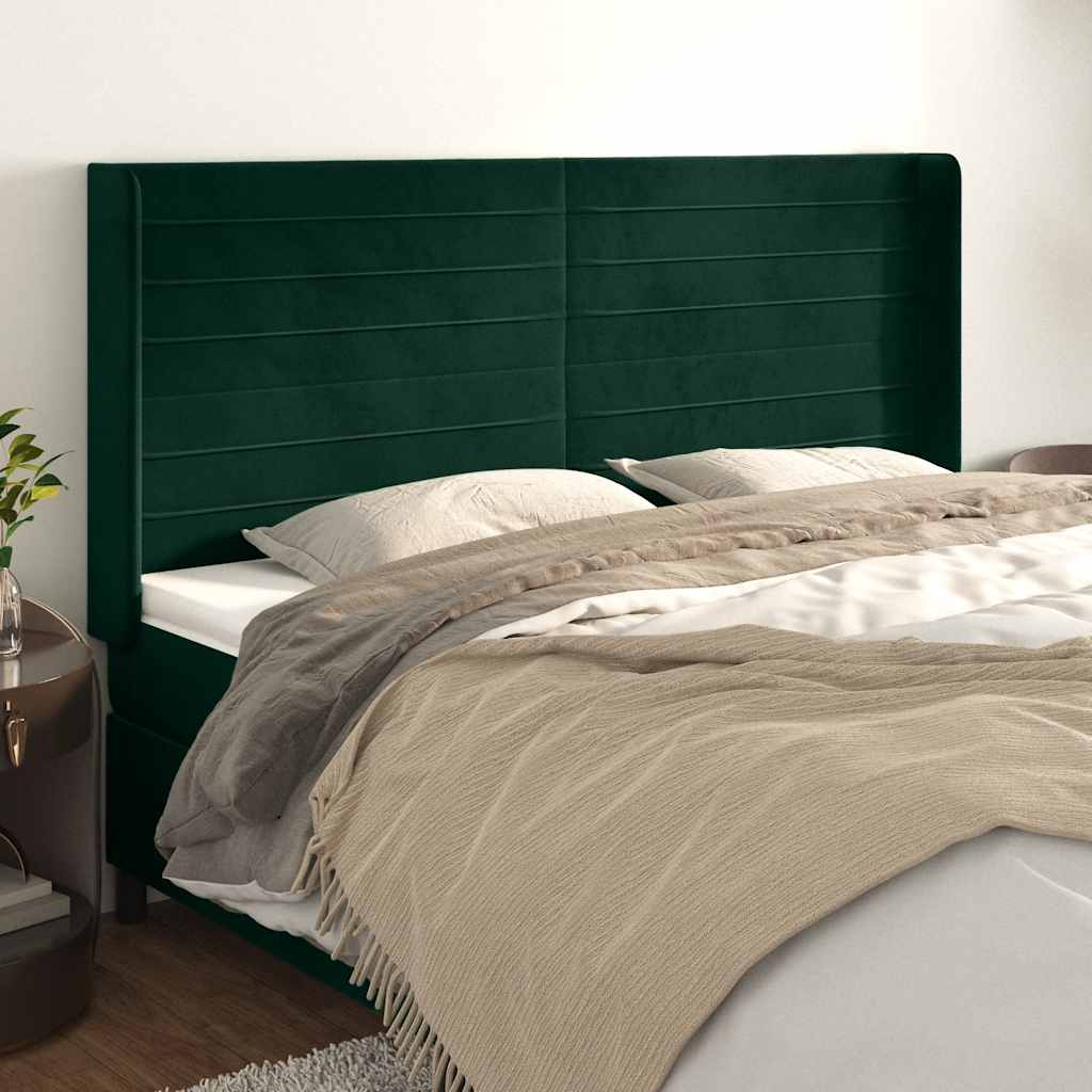 Hoofdbord met randen 203x16x118/128 cm fluweel donkergroen – afbeelding 1