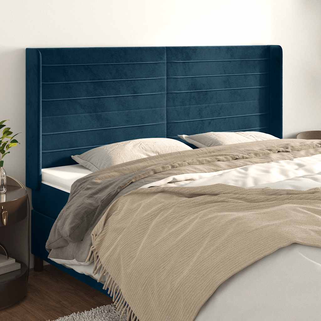 Hoofdbord met randen 203x16x118/128 cm fluweel donkerblauw – afbeelding 1