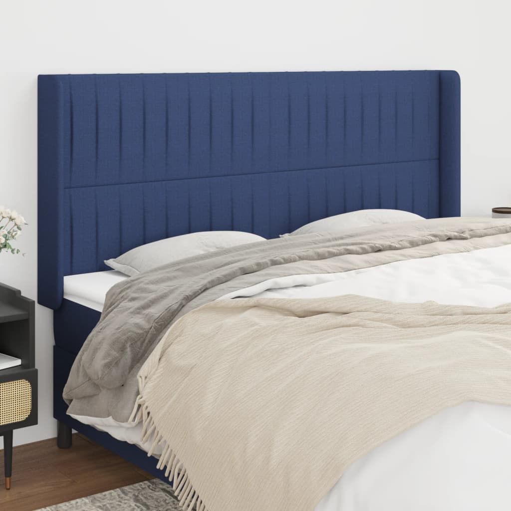 Hoofdbord met randen 203x16x118/128 cm stof blauw – afbeelding 1