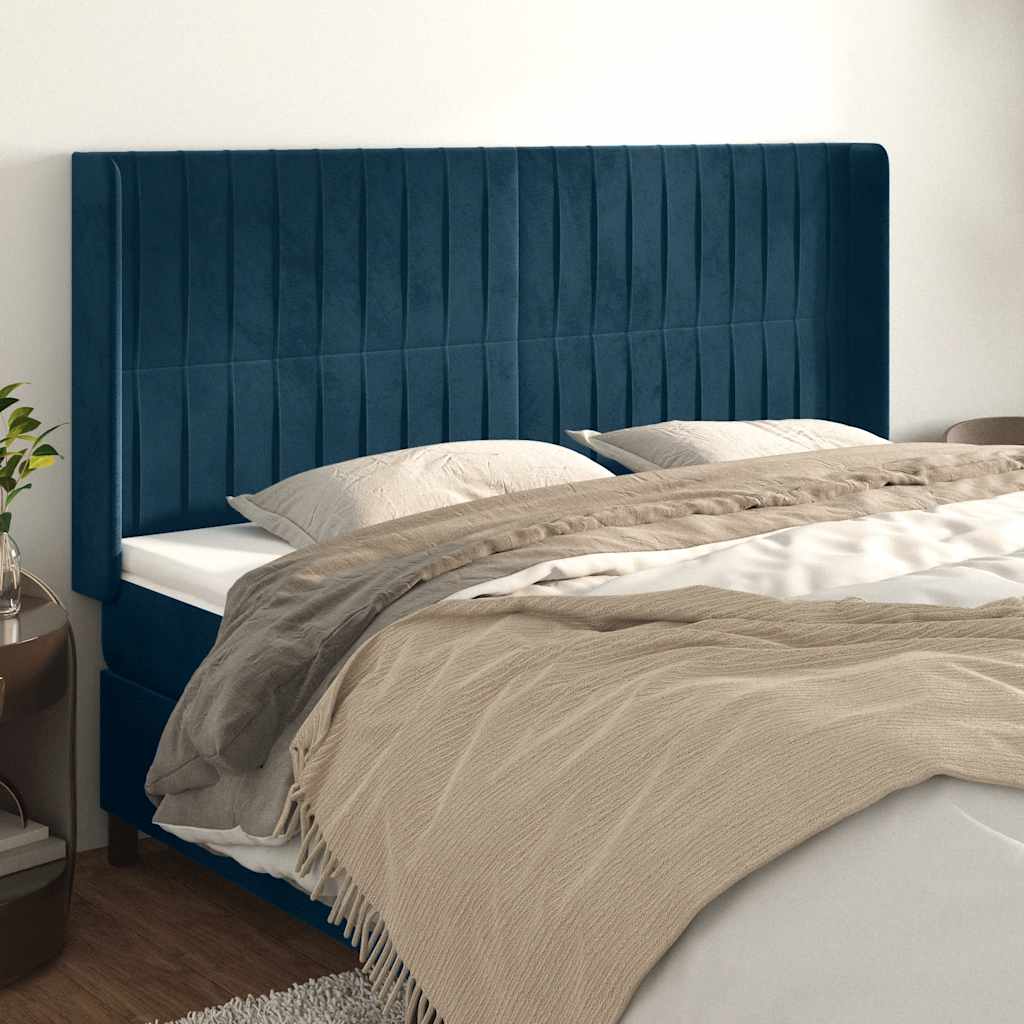 Hoofdbord met randen 163x16x118/128 cm fluweel donkerblauw – afbeelding 1
