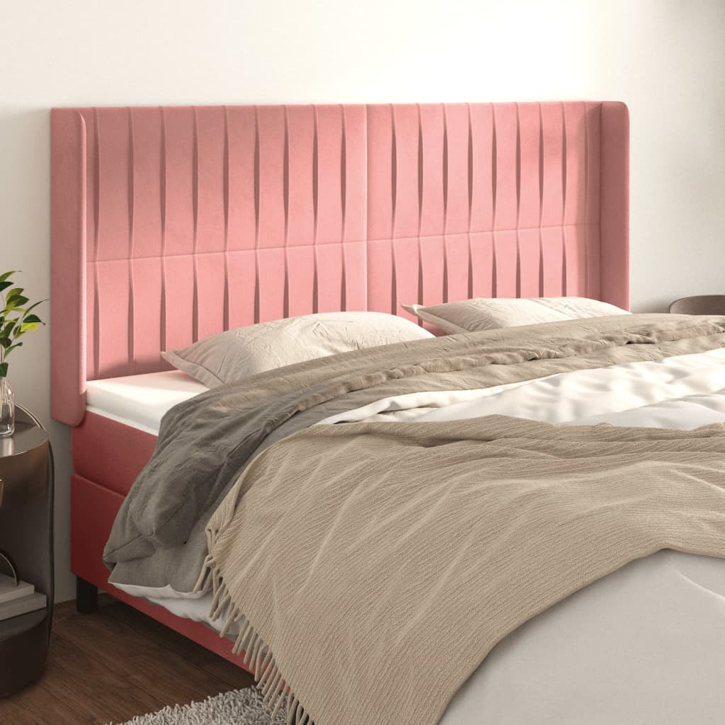 Hoofdbord met randen 163x16x118/128 cm fluweel roze – afbeelding 1